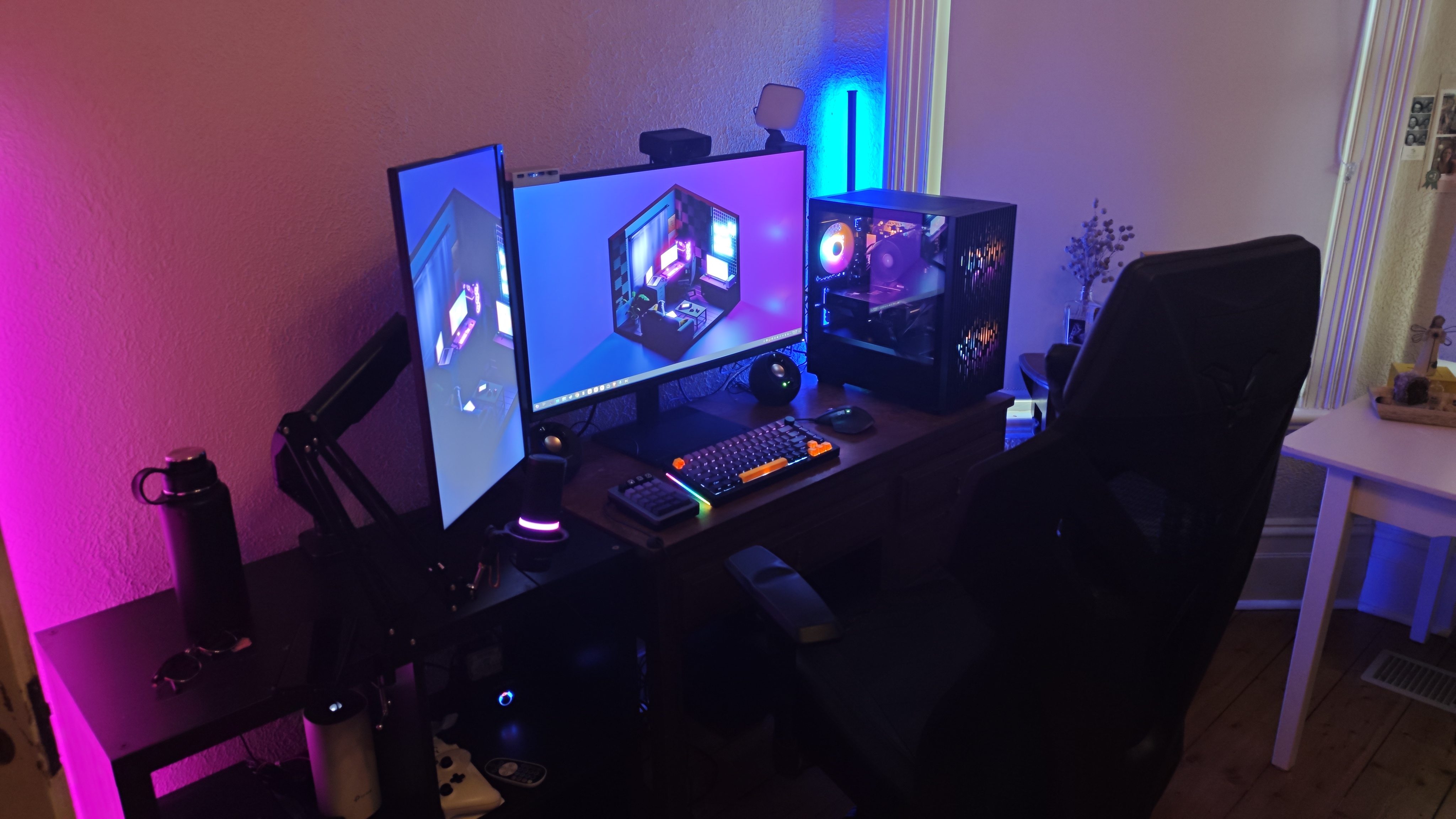 Lindsay's desk setup with purple and blue ambient lighting, AMD desktop, ultrawide monitor